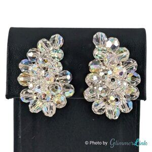 VTG AB Aurora Borealis Beaded Paisley Cluster Silver Tone Clip On Earrings